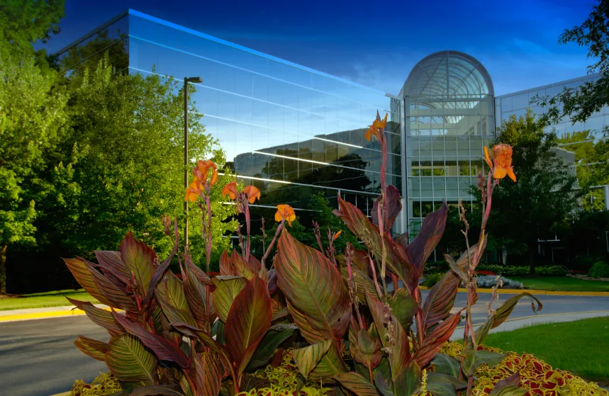 Commercial office building with landscaped beds